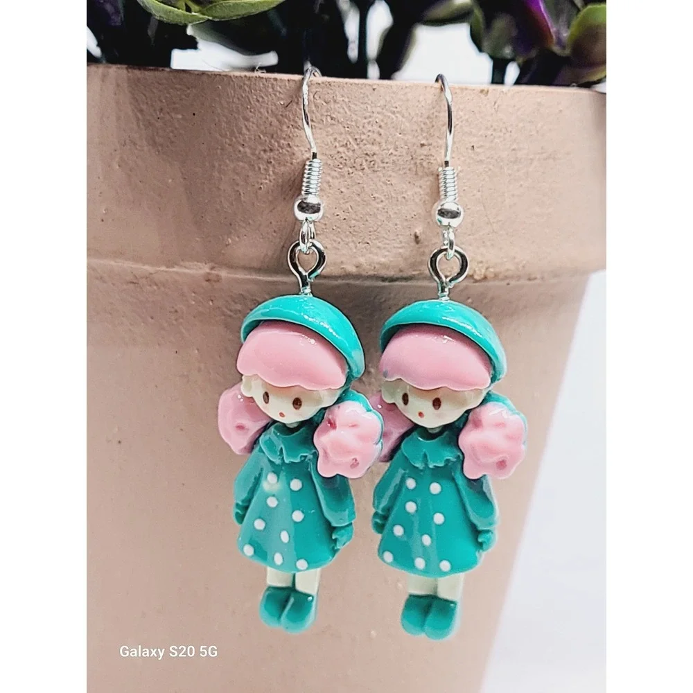 Handmade Teal Pink Doll Girl Drop Earrings Polka Dot‎ Dress Resin Jewelry